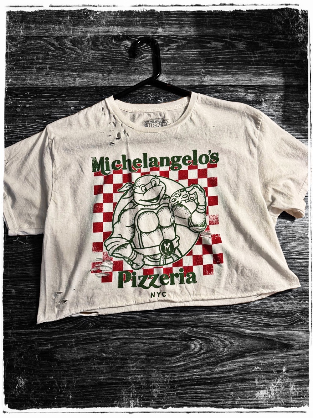Nickelodeon White distressed Crop Tee with Red & Green Michelangelo Graphic